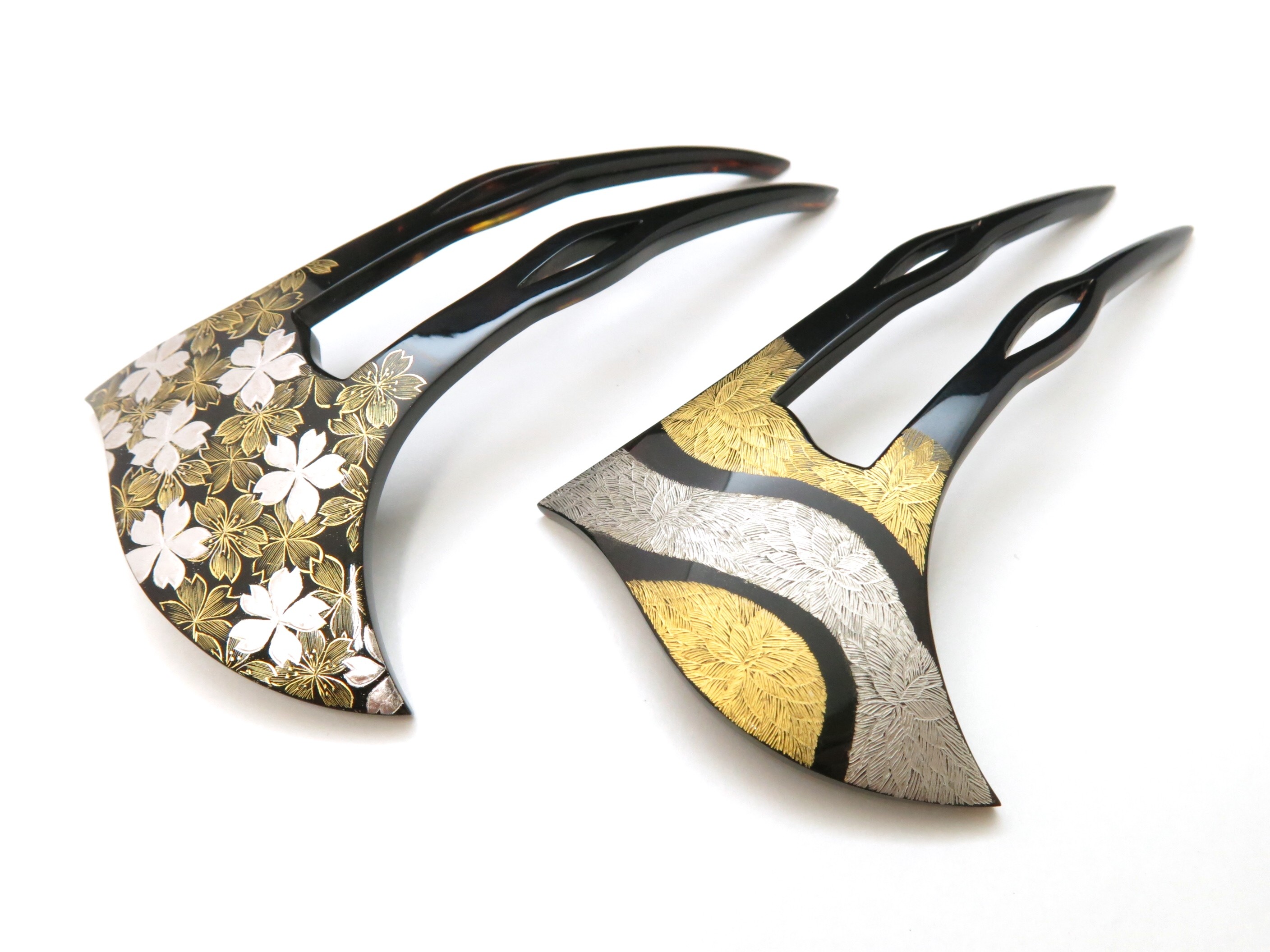黒べっ甲沈金蒔絵かんざし2019・2種｜幾何学文様と桜尽くし | べっ甲