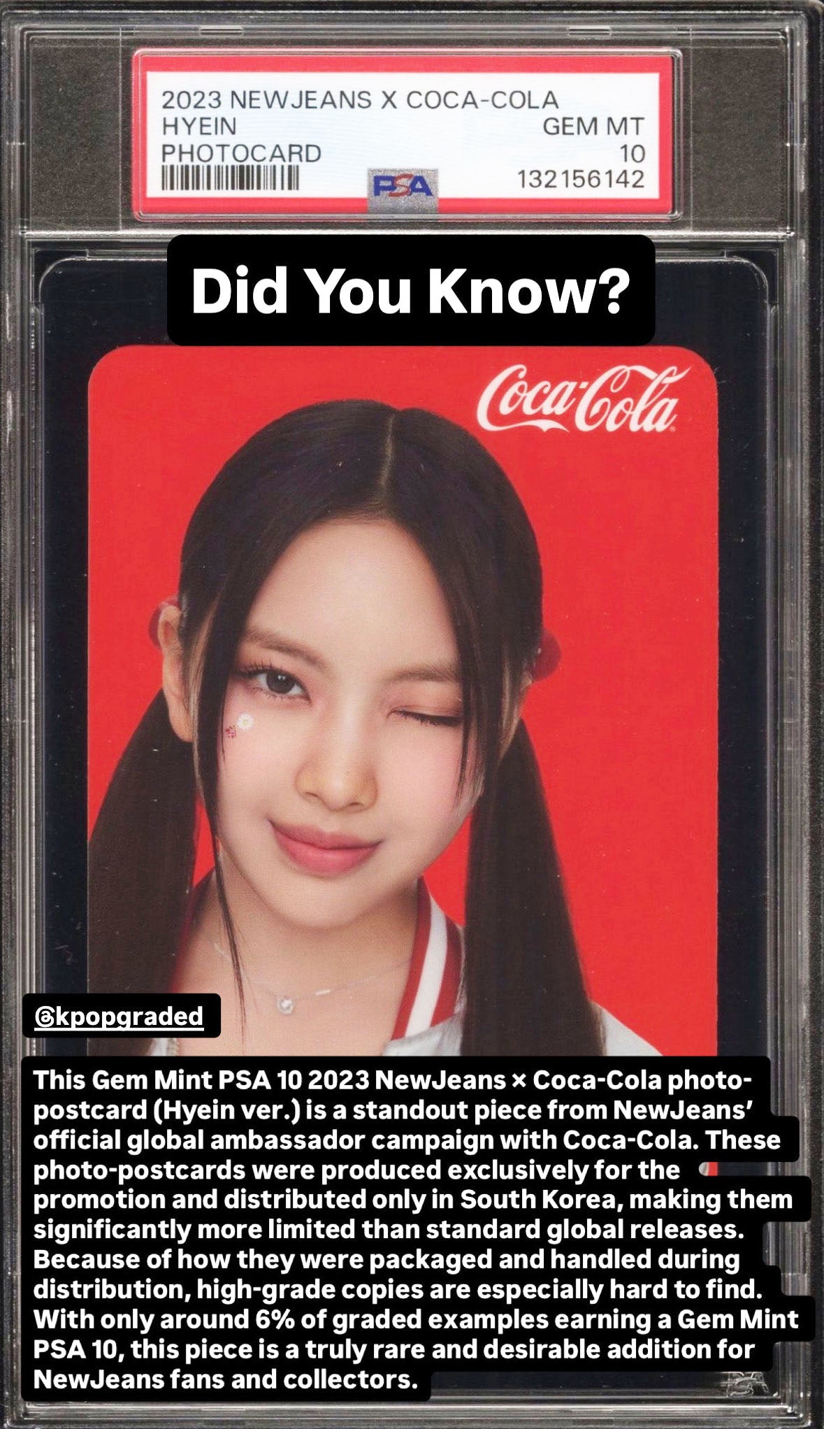 HYEIN 2023 NEWJEANS X COCA-COLA PHOTOCARDS GEM MINT_PSA 10