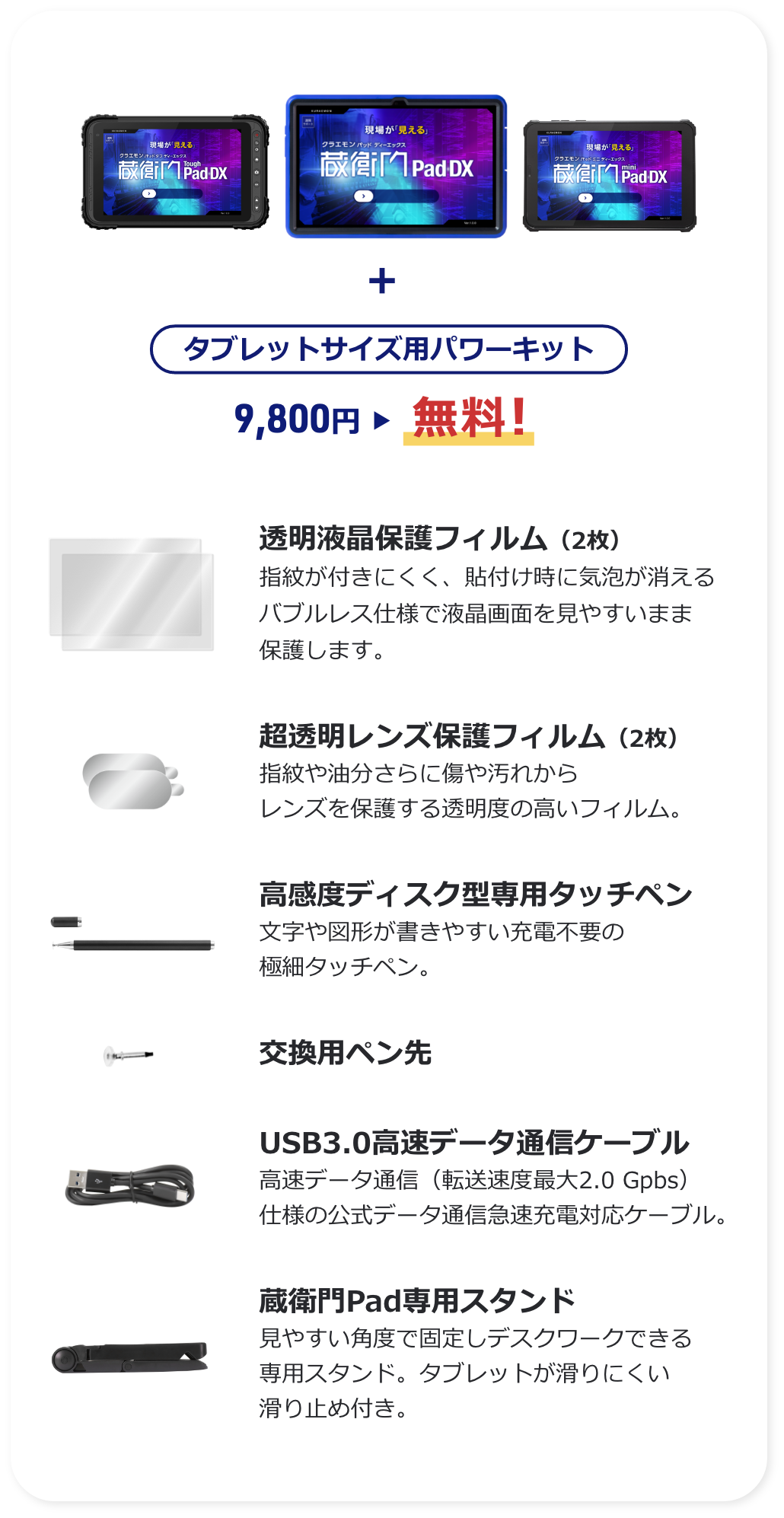 蔵衛門Pad』1台ごとに専用アクセサリーセットが無料でもらえる