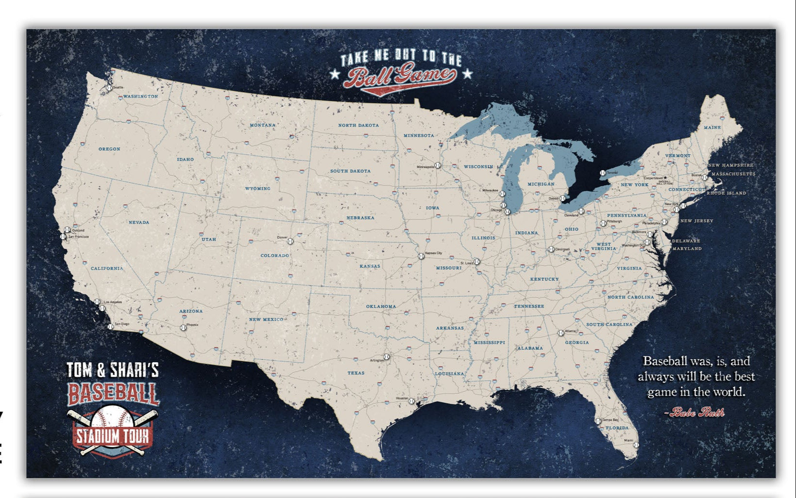 Vintage Baseball Stadium Tour Push Pin Map | Holy Cow Canvas