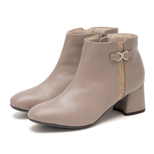 サイド切り替えビジューリボンショートブーツ(M ブラックスエード