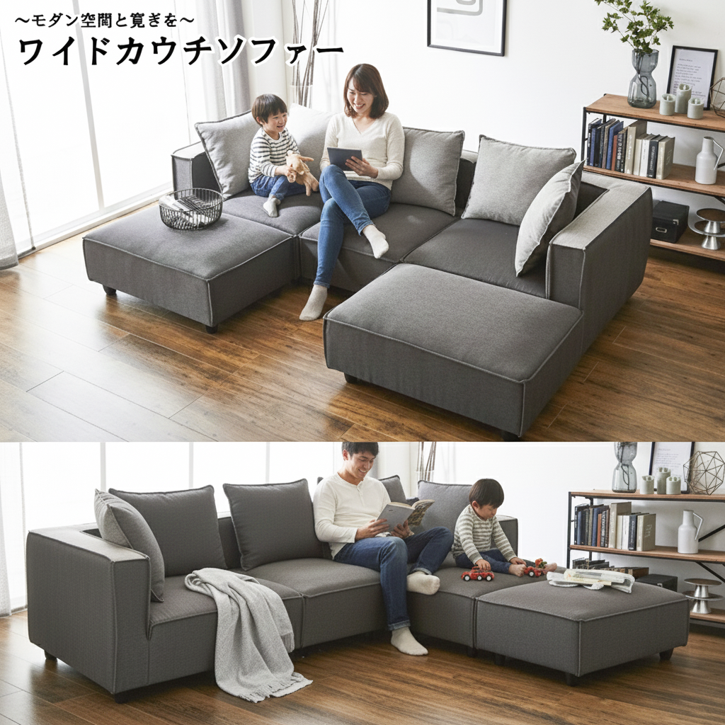 ツートンカラーのクッションリバーシブルタイプのワイドカウチソファー