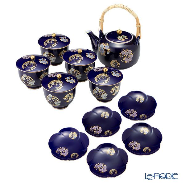 香蘭社 ルリ花丸紋 高級茶器セット 土瓶1点＋蓋付湯呑5客＋銘々皿5枚 5