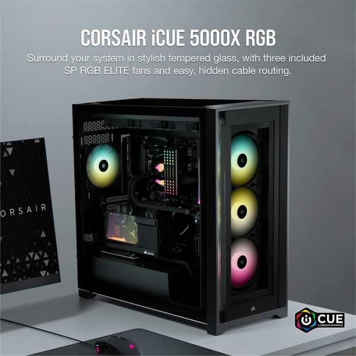 CORSAIR、RGBファン付属、強化ガラスパネル4面搭載ミドルタワーPC