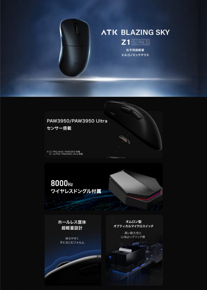 ATK、右手用エルゴノミックデザインのワイヤレスゲーミングマウス「ATK