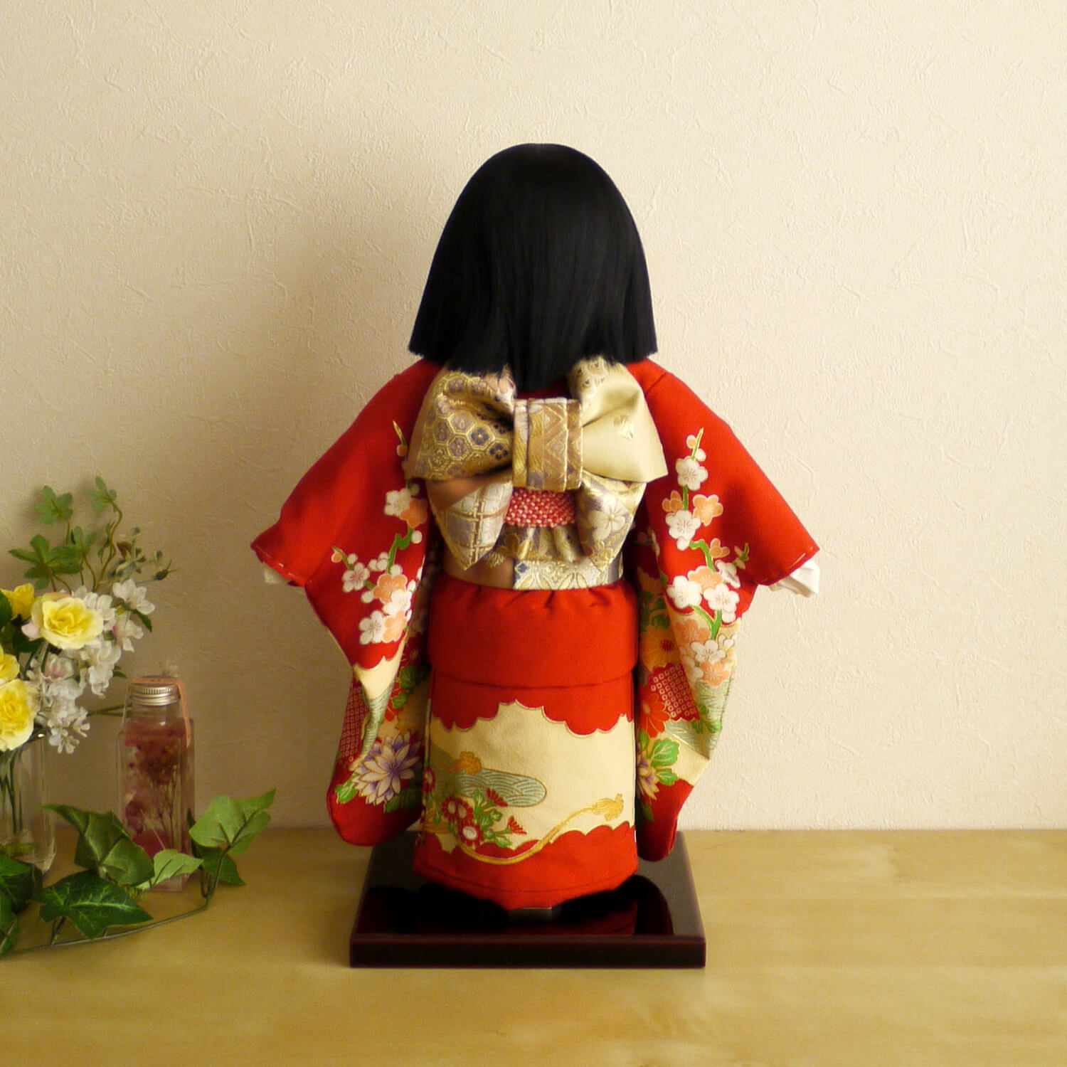 元賀章介作 12号(尺二)正絹別染 雲取りに花車 赤色 手塗本漆塗台 市松