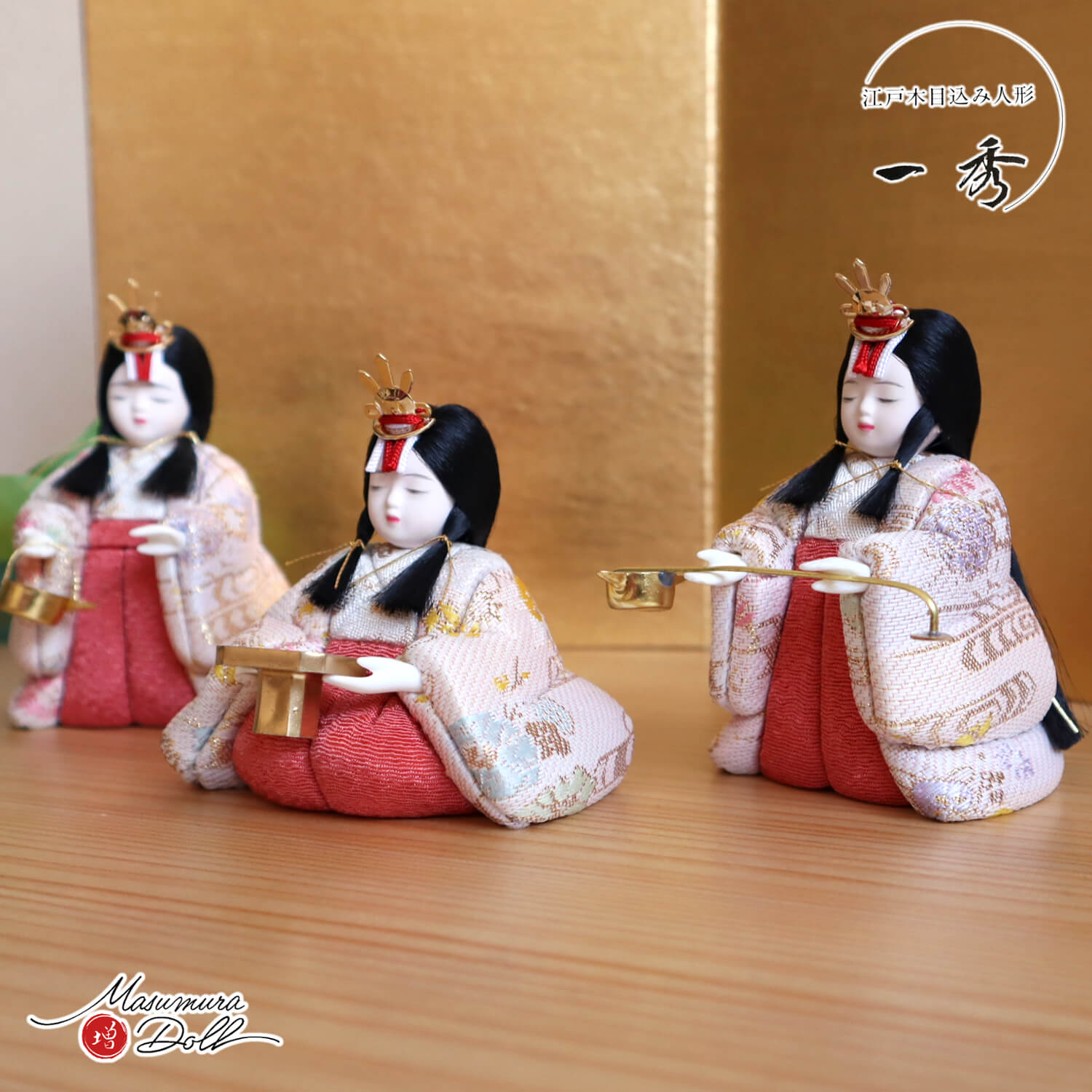 雛人形 木村一秀作 安土雛 五人飾「福梅」二曲一双屏風 木製燭台 半円