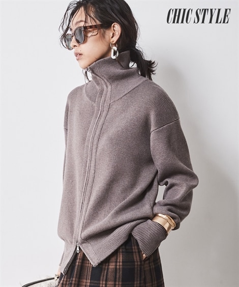 ハイネックジップアップニットカーディガン＜大きいサイズ有＞シック