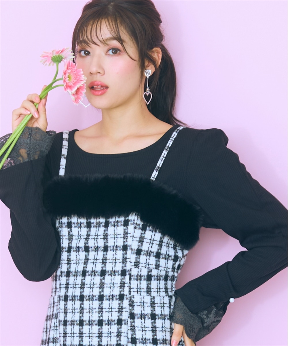 大きいサイズ＞フェイクファードッキングツイードキャミワンピース