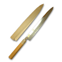 柳刃包丁 青鋼 尺1 金象嵌 墨流し 鞘付 【包丁の＠堺英】