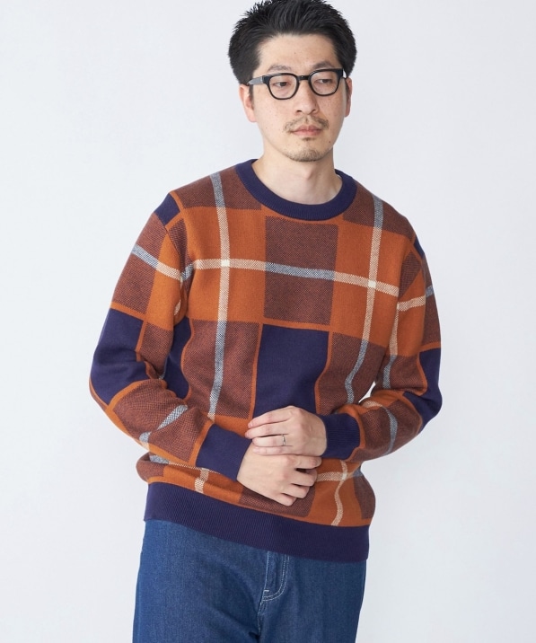 SHIPS:〈洗濯機可能〉 コットン カシミヤ チェック クルーネック