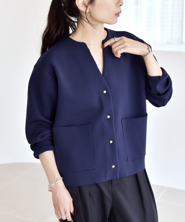 一部追加予約》quaranciel:〈手洗い可能〉ノーカラー ポケット ニット