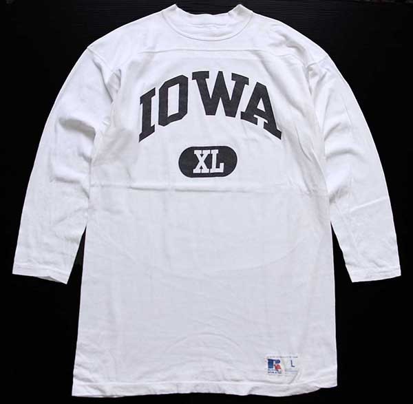 90s USA製 RUSSELLラッセル IOWA コットン フットボールTシャツ 白 L