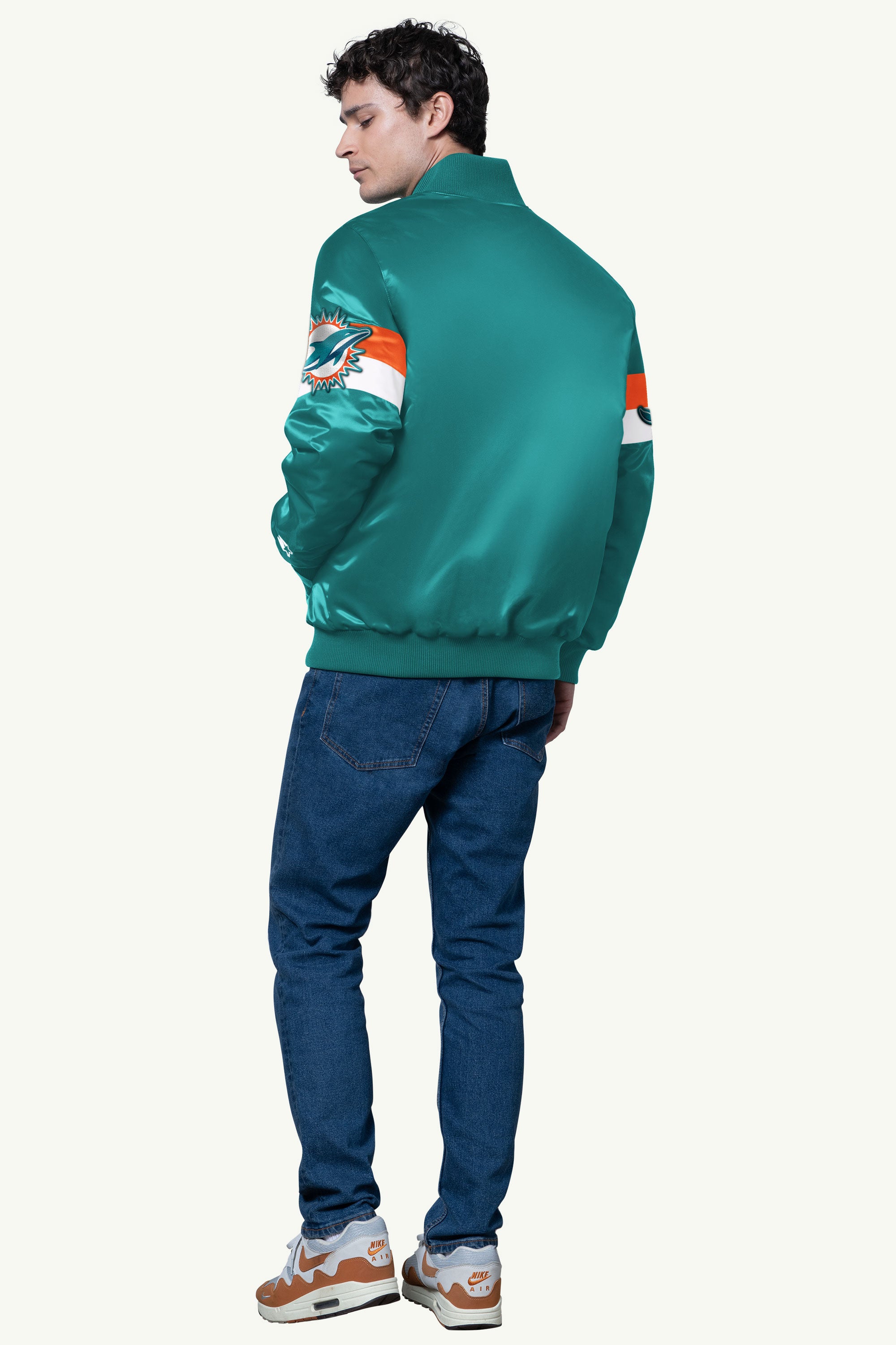 Mens Miami Dolphins Triple Option Satin Varsity Jacket | NFL | Starter