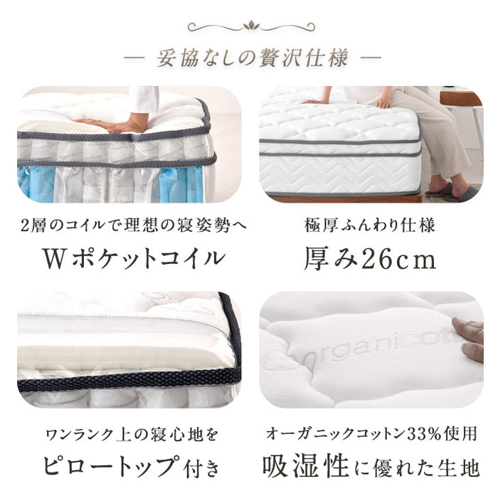 シングル］Wポケットコイルマットレス ピロートップ 極厚26cm