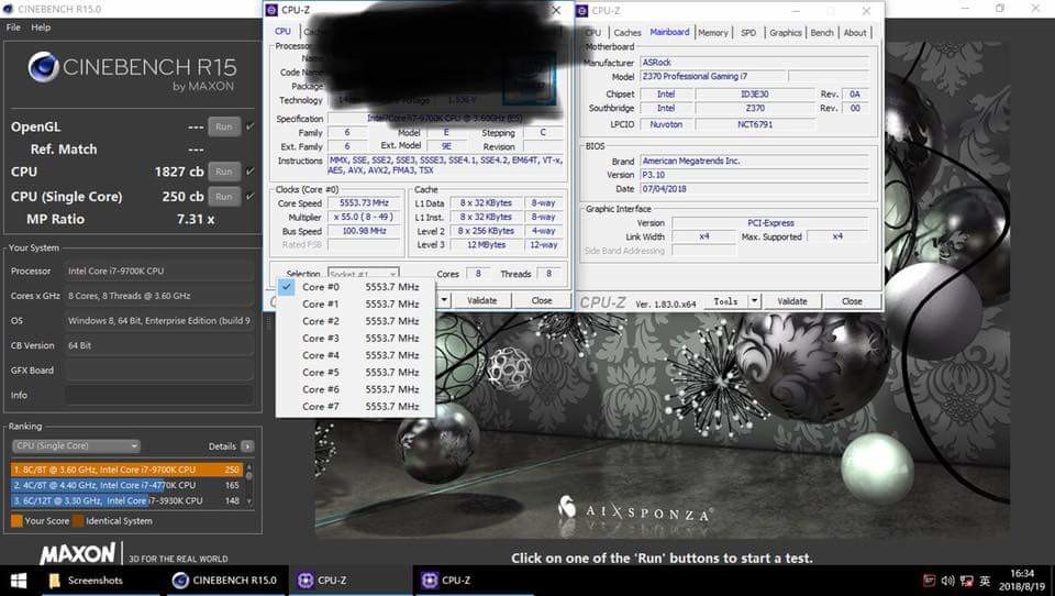 Intel Core i7-9700K Overclocked to 5.5 GHz on Water, Cinebenched