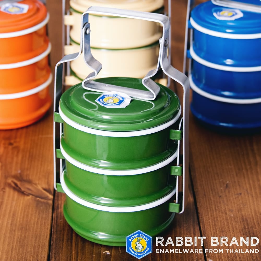 3段〕RABBIT BRAND タイのレトロホーローお弁当箱〔約20cm×約10.5cm