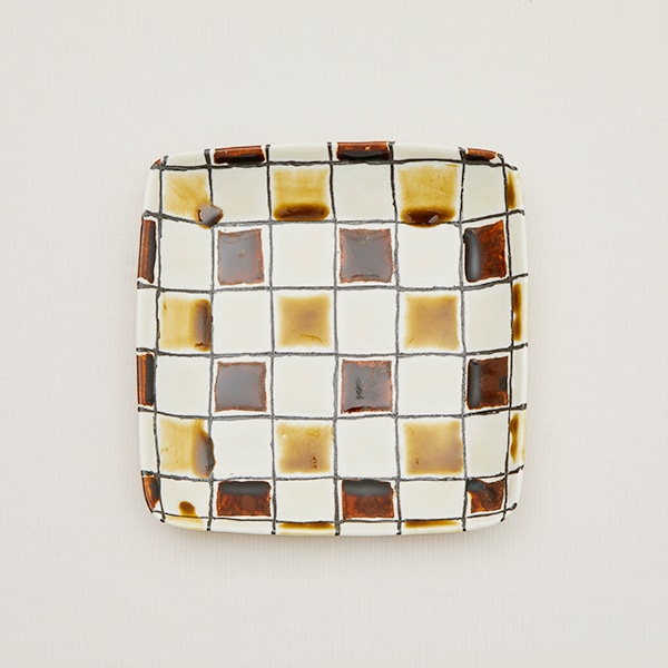 WEB限定】藤井敬之 三彩格子文角浅鉢 黄茶｜作家もの｜料理家 栗原