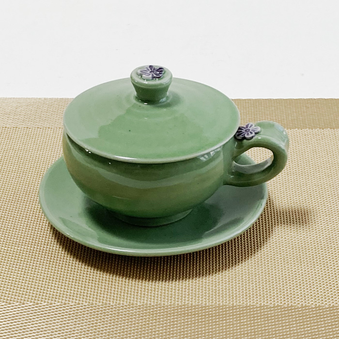 蓋付カップ&ソーサー韓国伝統茶用手作りのグリーン陶器のコーヒー