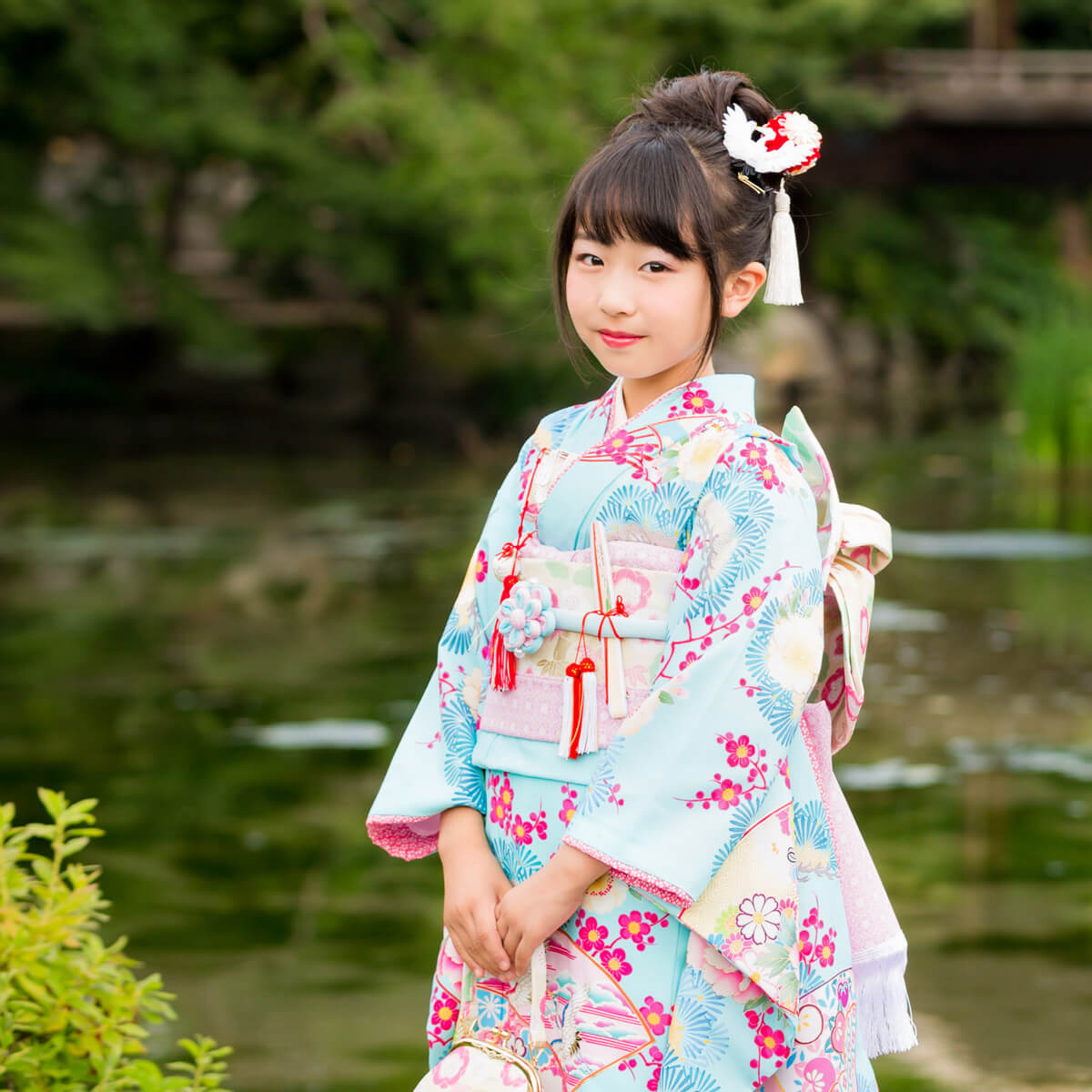七五三七歳四つ身：N057 乙葉 水色 扇面松梅に牡丹 | 七五三着物
