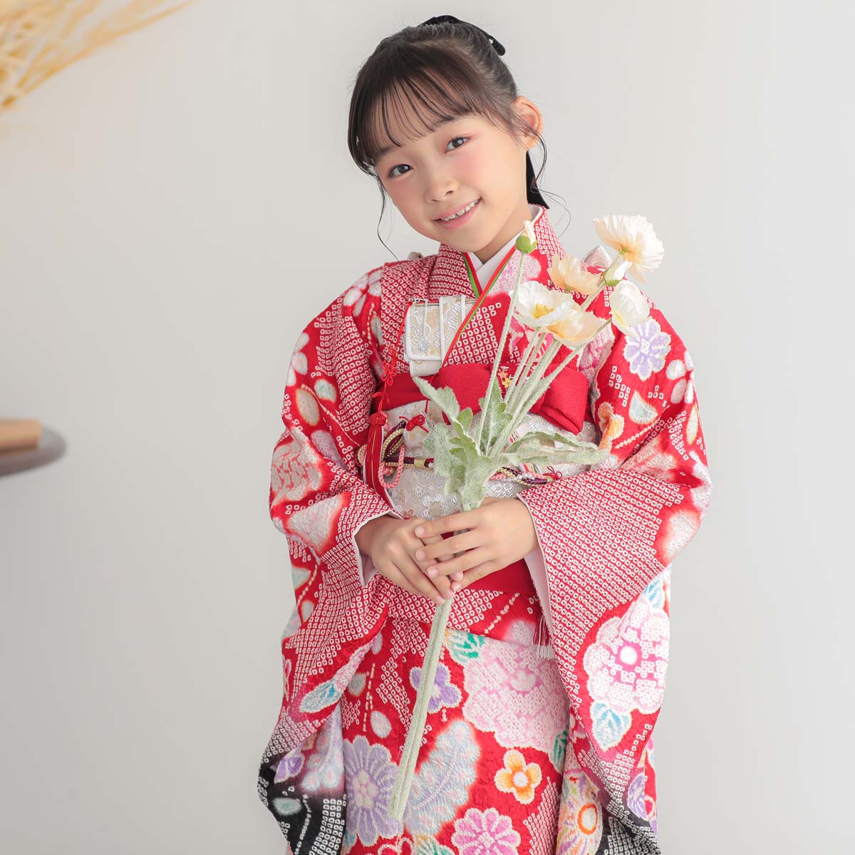 七五三七歳四つ身：N080 【正絹】赤 総絞り 牡丹に手毬 | 七五三着物