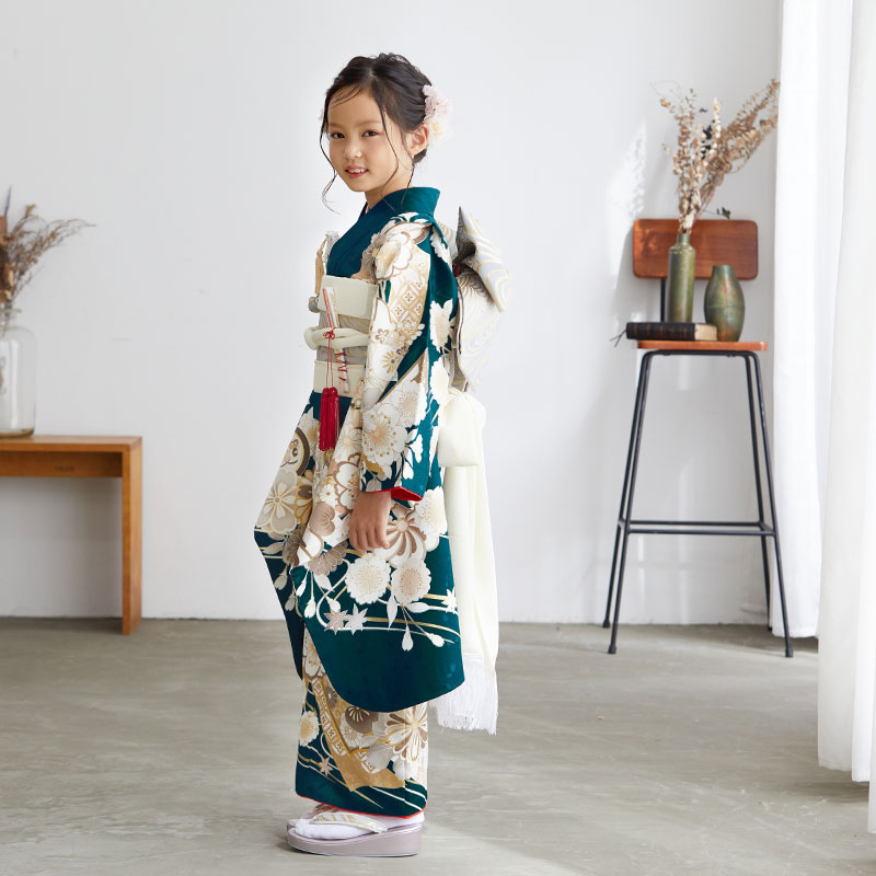 七五三七歳四つ身：N101 ブルーグリーン 流水に熨斗束と花々 | 七五三