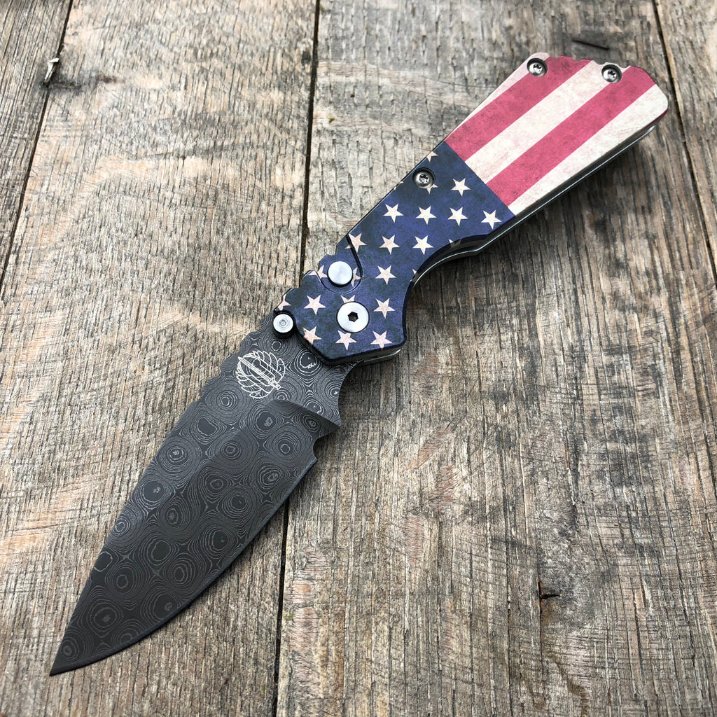 Custom Strider + Protech PT Ano Vintage USA Flag Damascus Blade