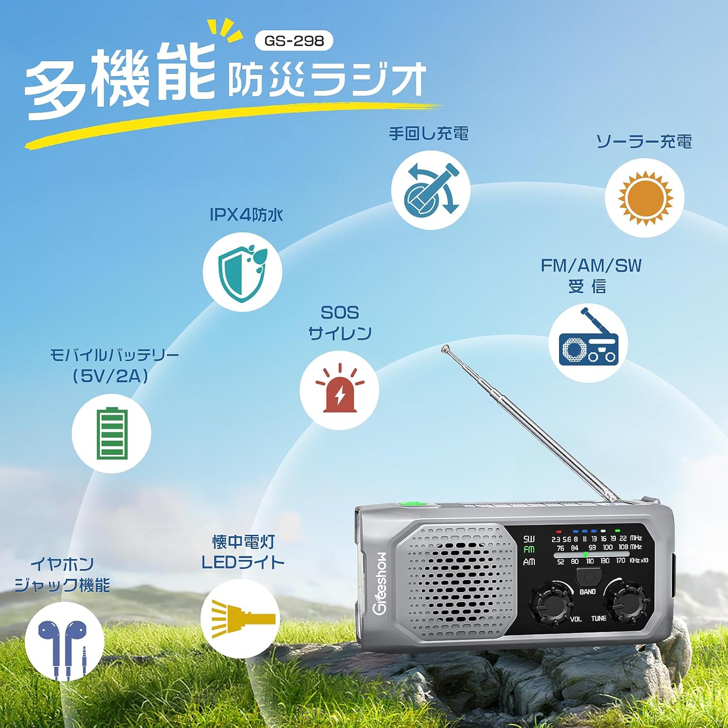 Greeshow 防災ラジオ 多機能 手回しラジオ FM/AM/SW対応 ソーラー/USB