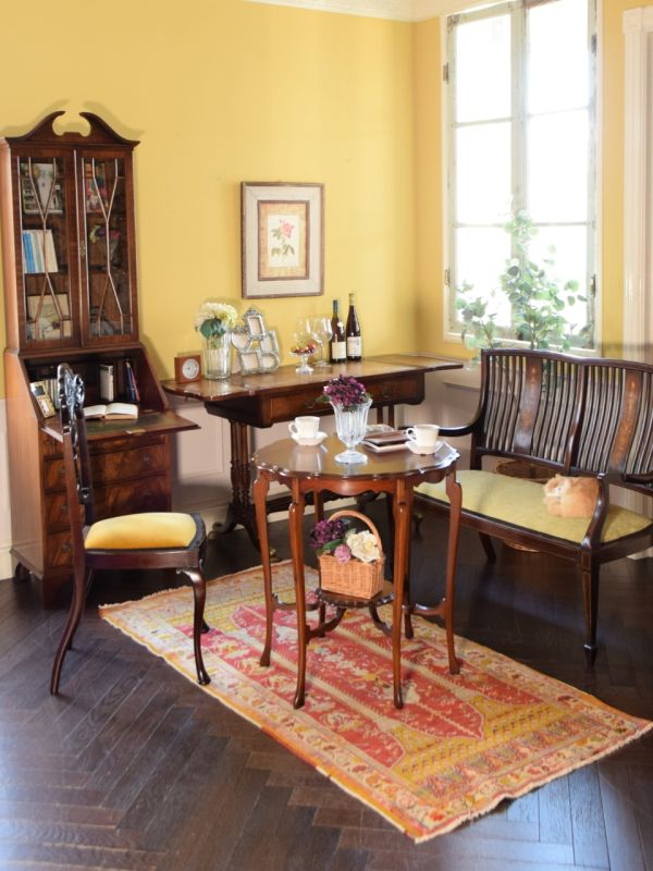 英国アンティークのおしゃれなベンチ、マホガニー材の美しい高級感の