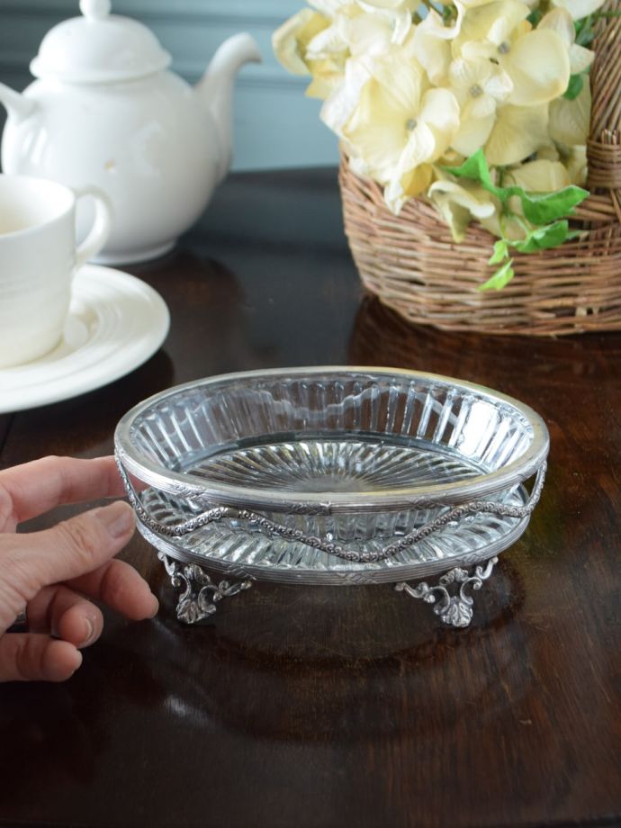 アンティーク風のおしゃれなトレイ、ガラス✕真鍮製の小物入れ(n5-234