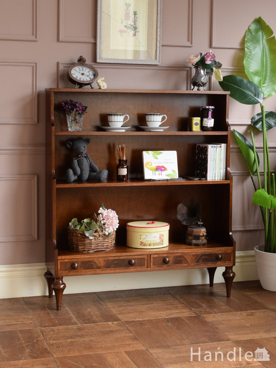 英国アンティークのオープンシェルフ、マホガニー材の杢目が美しい本棚