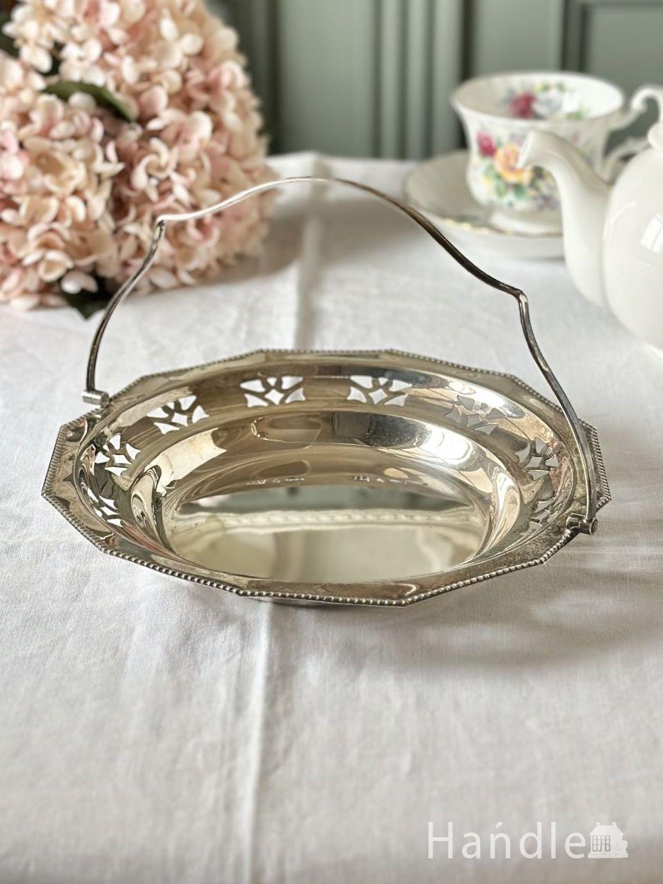 英国のアンティークシルバープレート、持ち手が付いた銀のバスケット(k