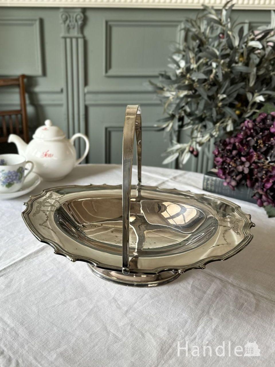 英国のアンティークシルバープレート、持ち手が付いた銀のバスケット(k