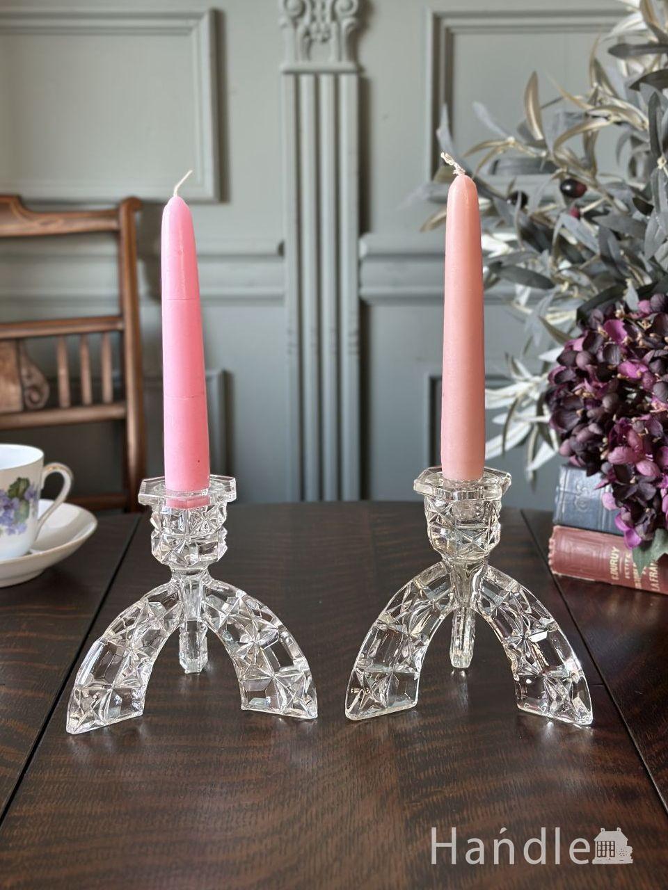 爽やかなブルー色のアンティークガラスの燭台、アンティークの