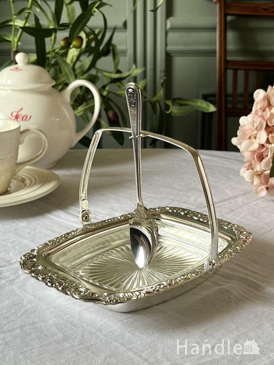 アンティークプレスドグラスのシュガーポット（砂糖入れ）スプーン付き