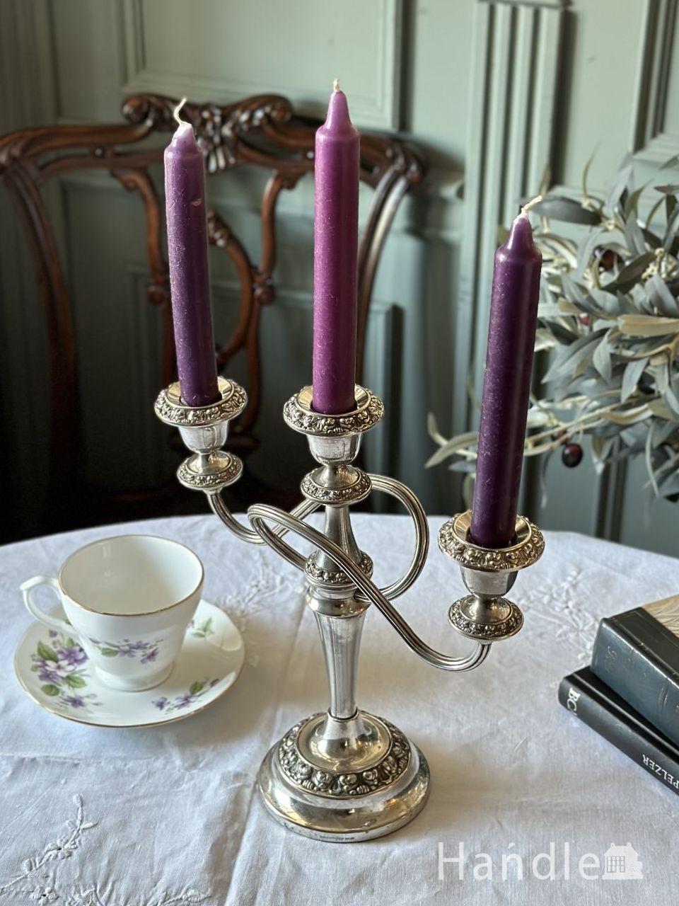英国アンティークの3灯燭台、シルバープレートのキャンドルスタンド(d