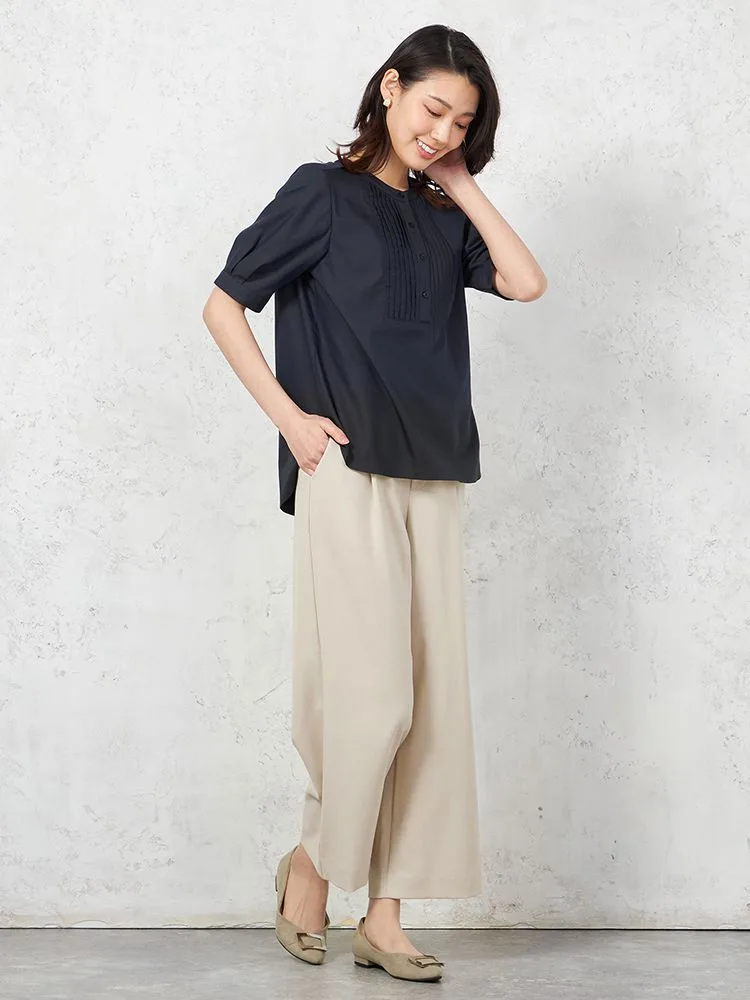 ホワイト 【UVカット】半袖 ピンタックブラウス 遮熱 透け防止 形態