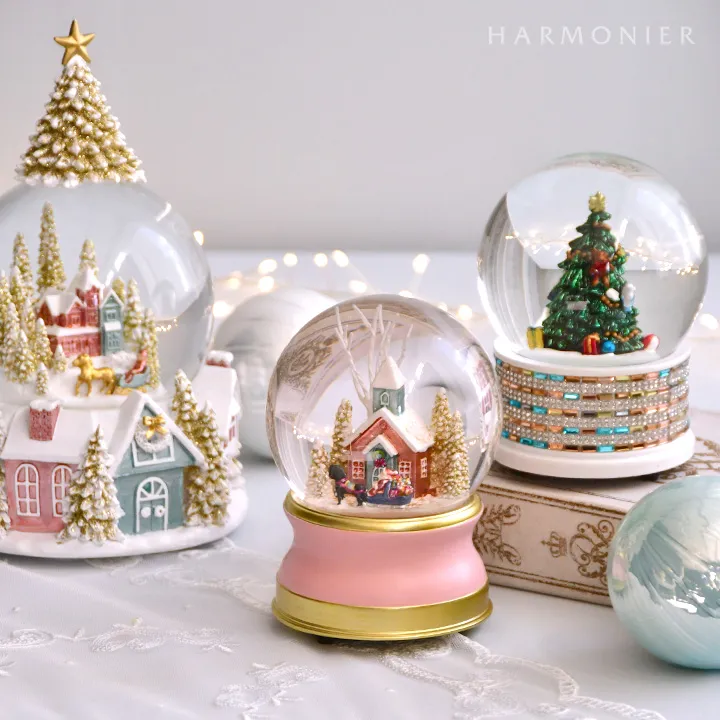 スノードームオルゴール/スノーヴィレッジピンク｜クリスマス雑貨の