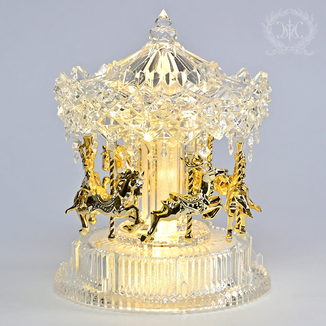 アクリルLEDカルーセルオルゴール/クリア＆ゴールド｜クリスマス雑貨の