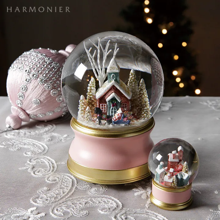 スノードームオルゴール/スノーヴィレッジピンク｜クリスマス雑貨の