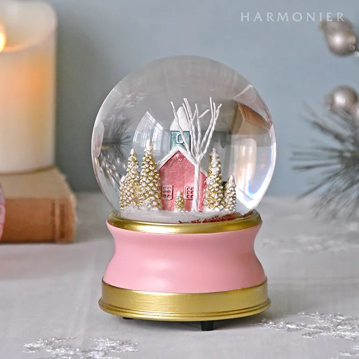 スノードームオルゴール/スノーヴィレッジピンク｜クリスマス雑貨の