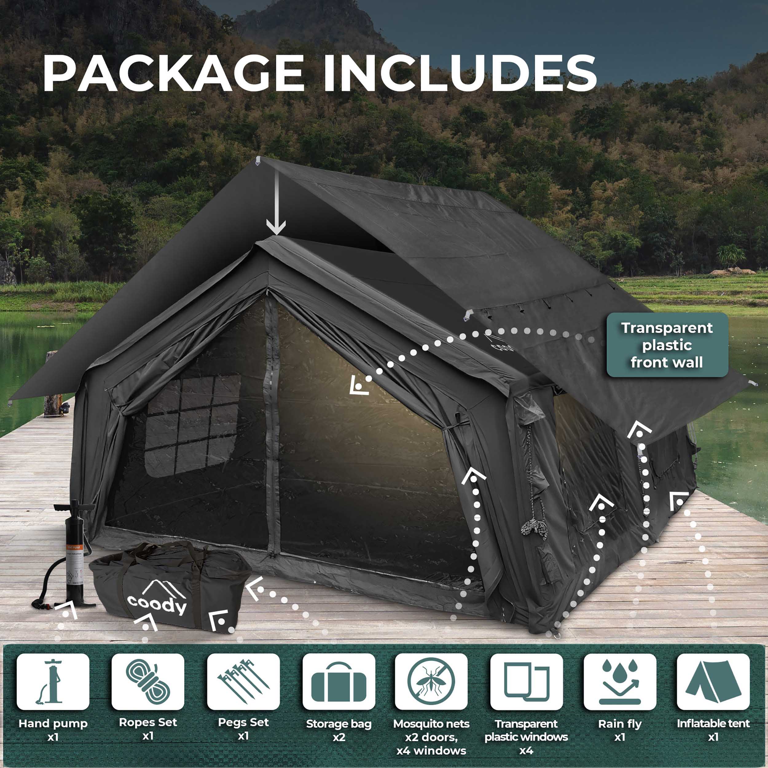 Coody RBM Koala 7 Black | 10 Person Inflatable Tent with Stove