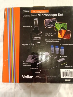 NEW Vivitar Diecast Metal 20 Piece Microscope Set 150x/450x/900x