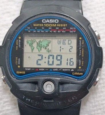 Casio TS-100 World Time Thermometer Vintage 80s Watch Japan RARE +