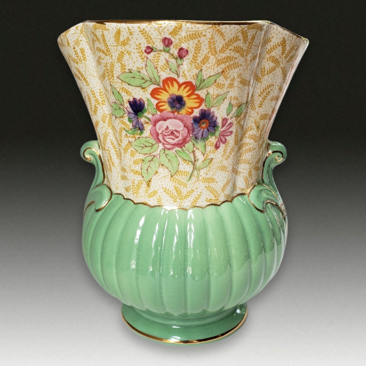 Antique Crown Devon Fieldings England Pottery Green and Gold