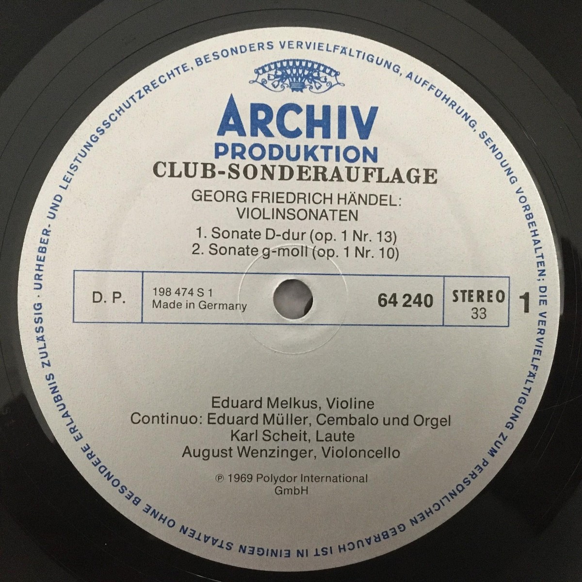 P540 Handel Violin Sonatas Opus 1 Melkus DGG Archiv 64 240 Stereo