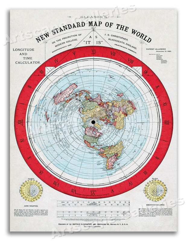 Flat Earth Map of the World - 1892 Alexander Gleason -Wall Map Art