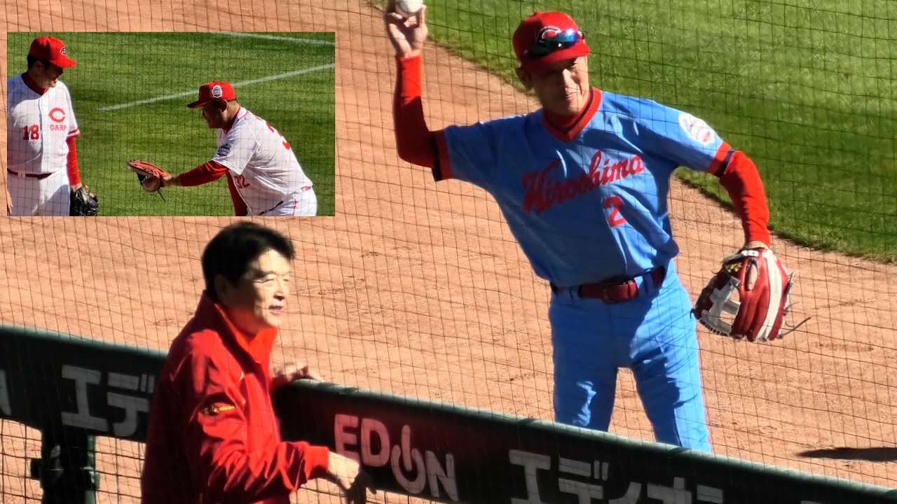 カープレジェンドゲーム「開始前、高橋慶彦さんのキャットボール姿も