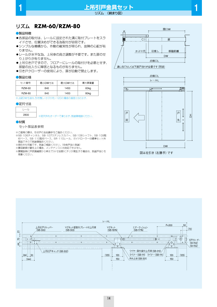 上吊引戸金具セット リズム RZM-60（扉重量：60kg以下用）｜シブタニ