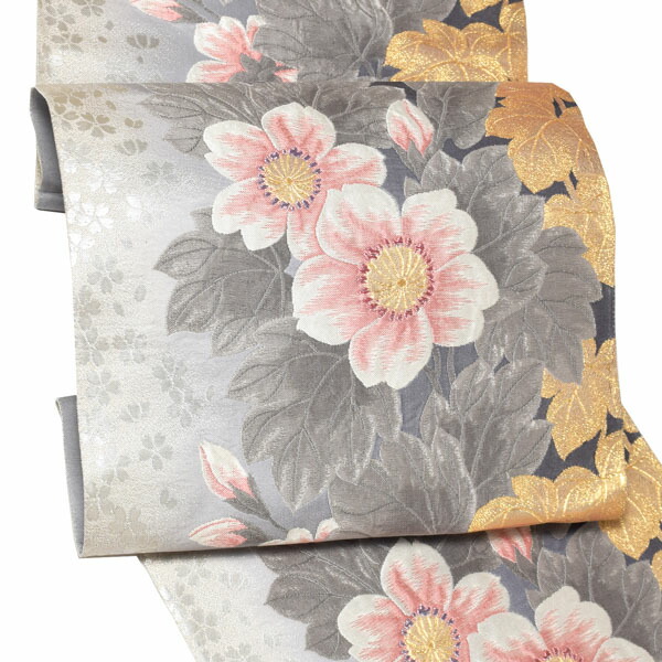 振袖 帯「グレー 花」日本製 西陣織 西陣織証紙番号 No.329 株式会社